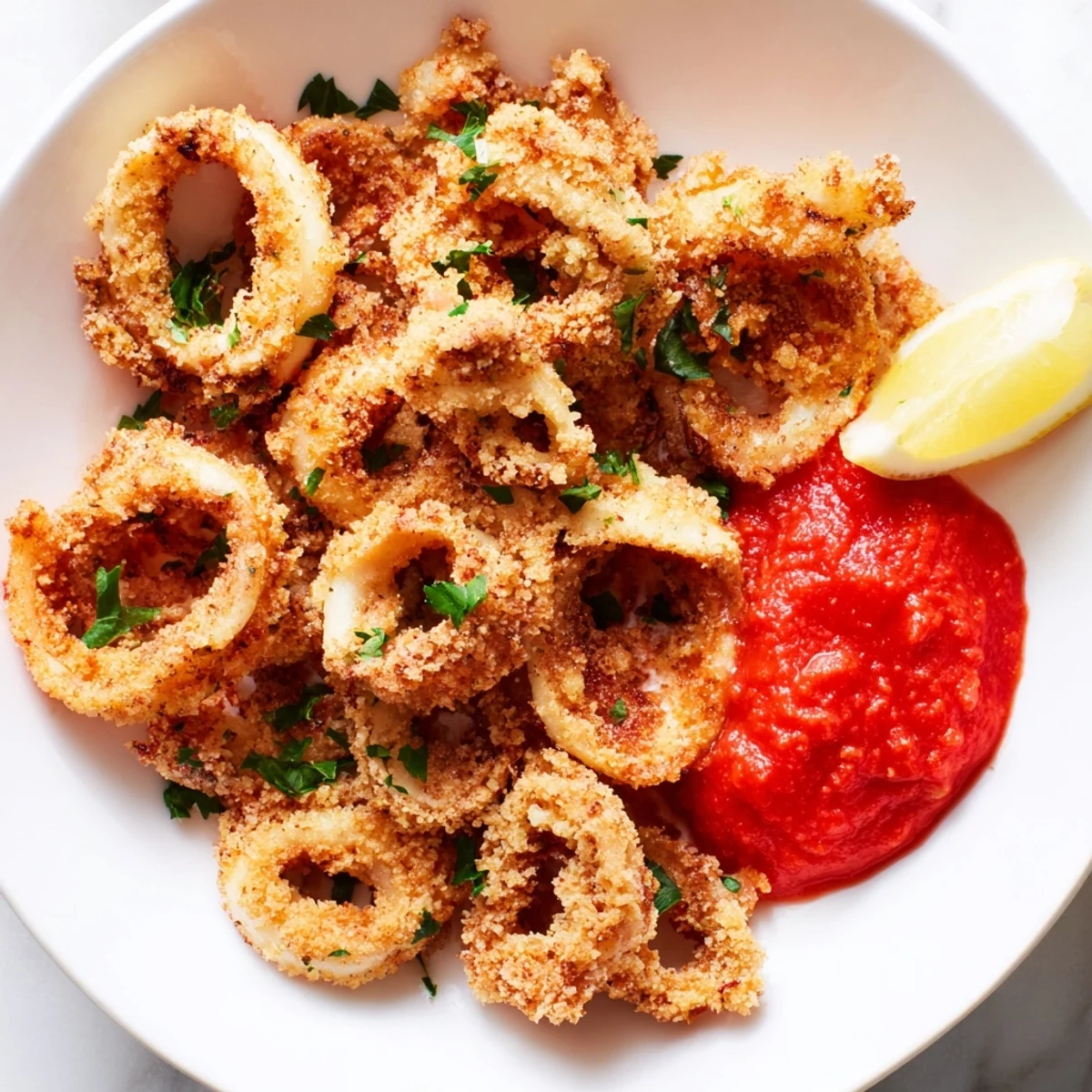 Hot Big Game Crispy Calamari with Marinara served in a basket alongside a red dipping sauce.