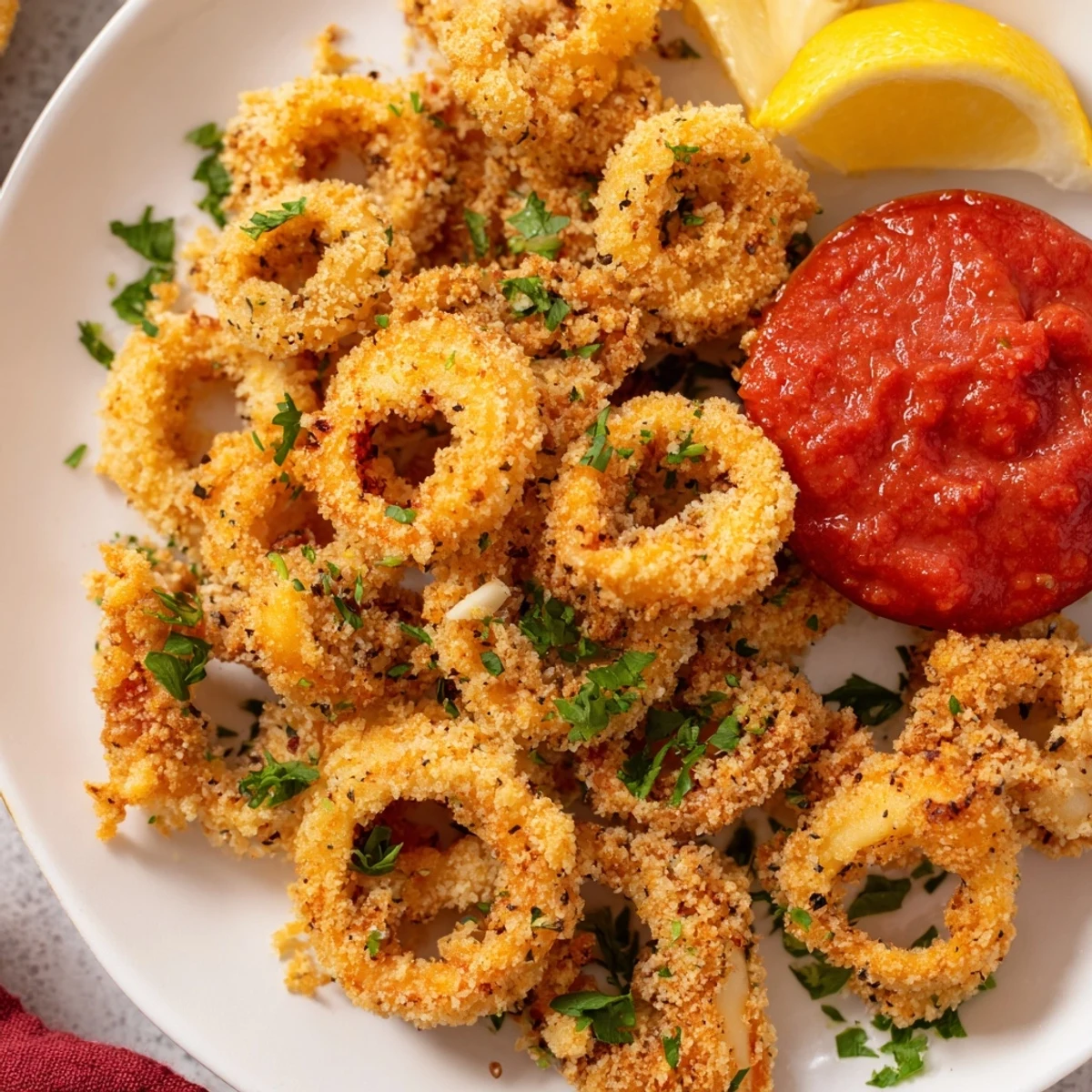 Golden-fried Big Game Crispy Calamari with Marinara piled high on a platter with lemon wedges.