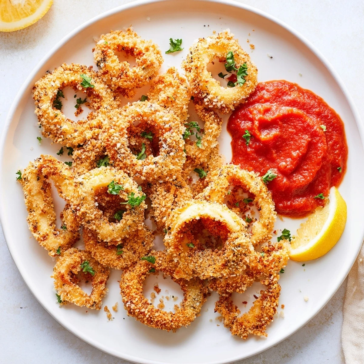Crisp Big Game Crispy Calamari with Marinara garnished with parsley on a rustic wooden table.