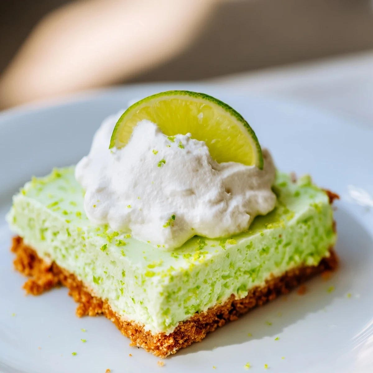 Golden-baked St. Patricks Day Key Lime Pie Bars cut into squares, served on a platter with creamy whipped topping.