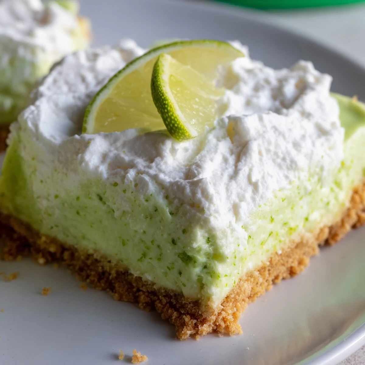 Freshly chilled St. Patricks Day Key Lime Pie Bars with a vibrant green filling and whipped cream topping.