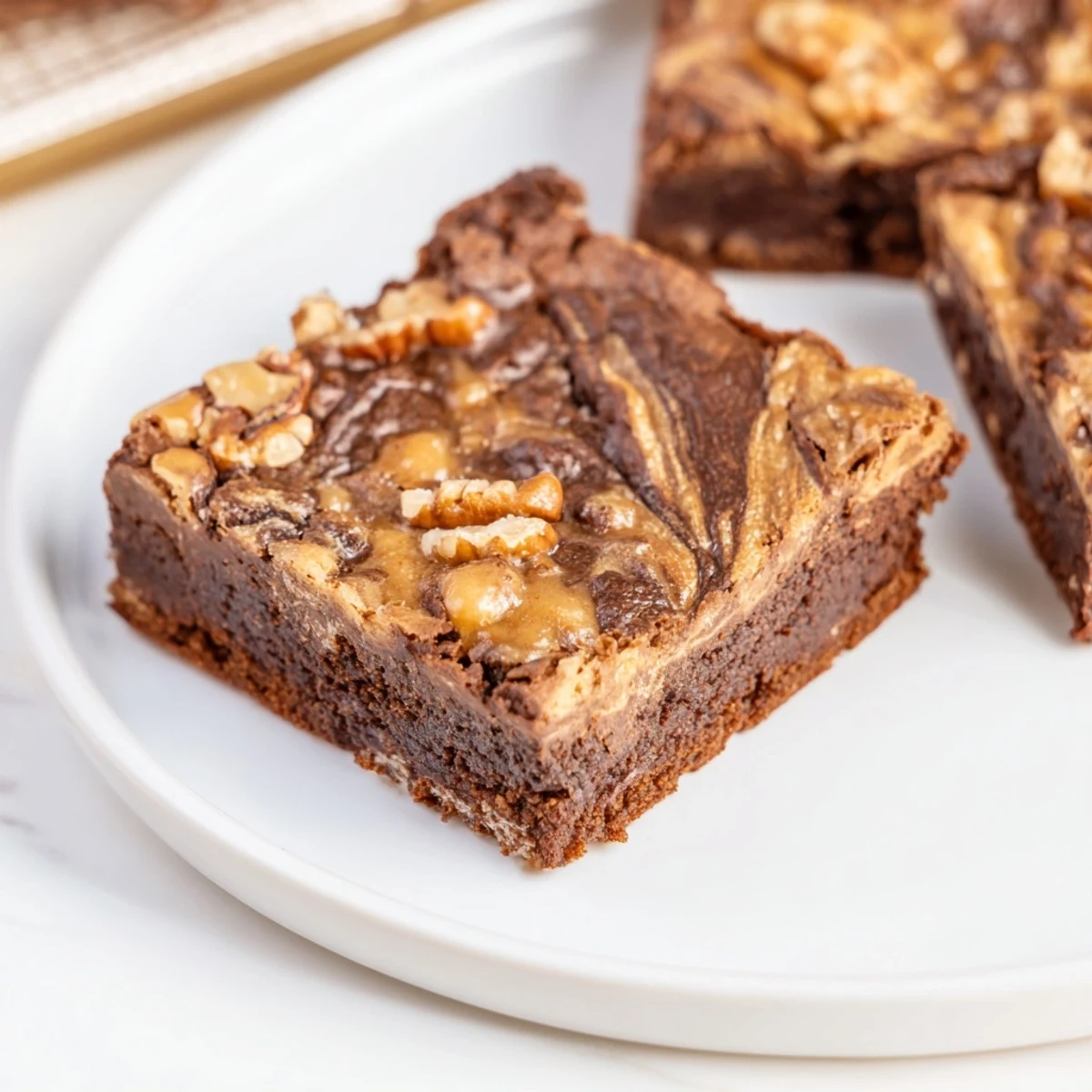 Warm New Orleans Praline Brownies beside a glass of milk and whole pecans.