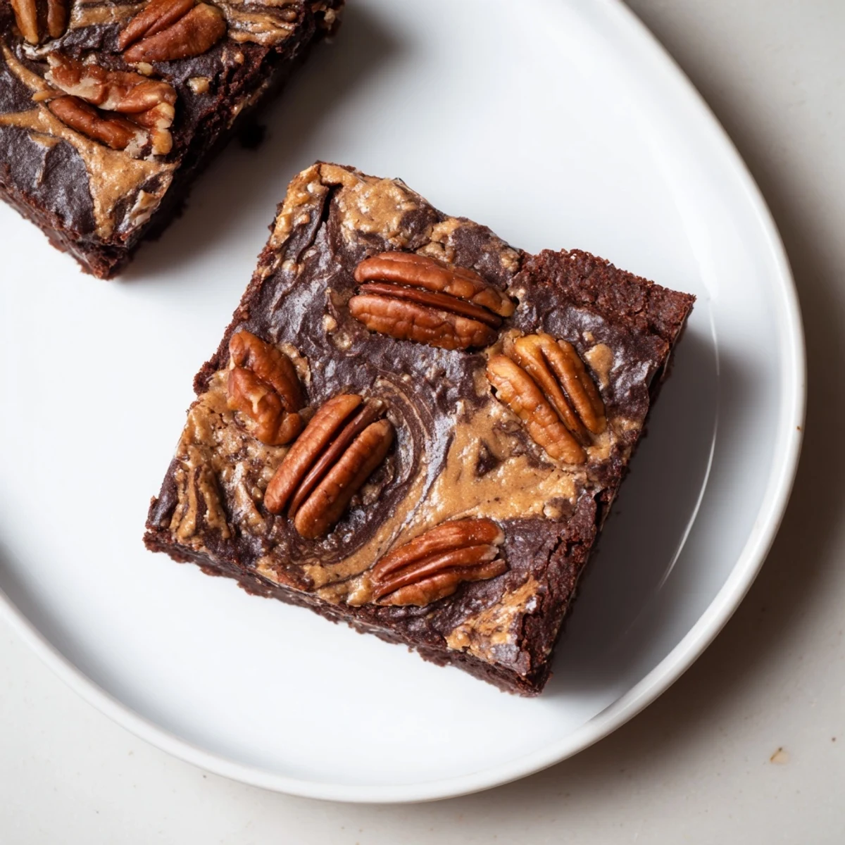 Fudgy New Orleans Praline Brownies topped with gooey praline and served on a dessert plate.