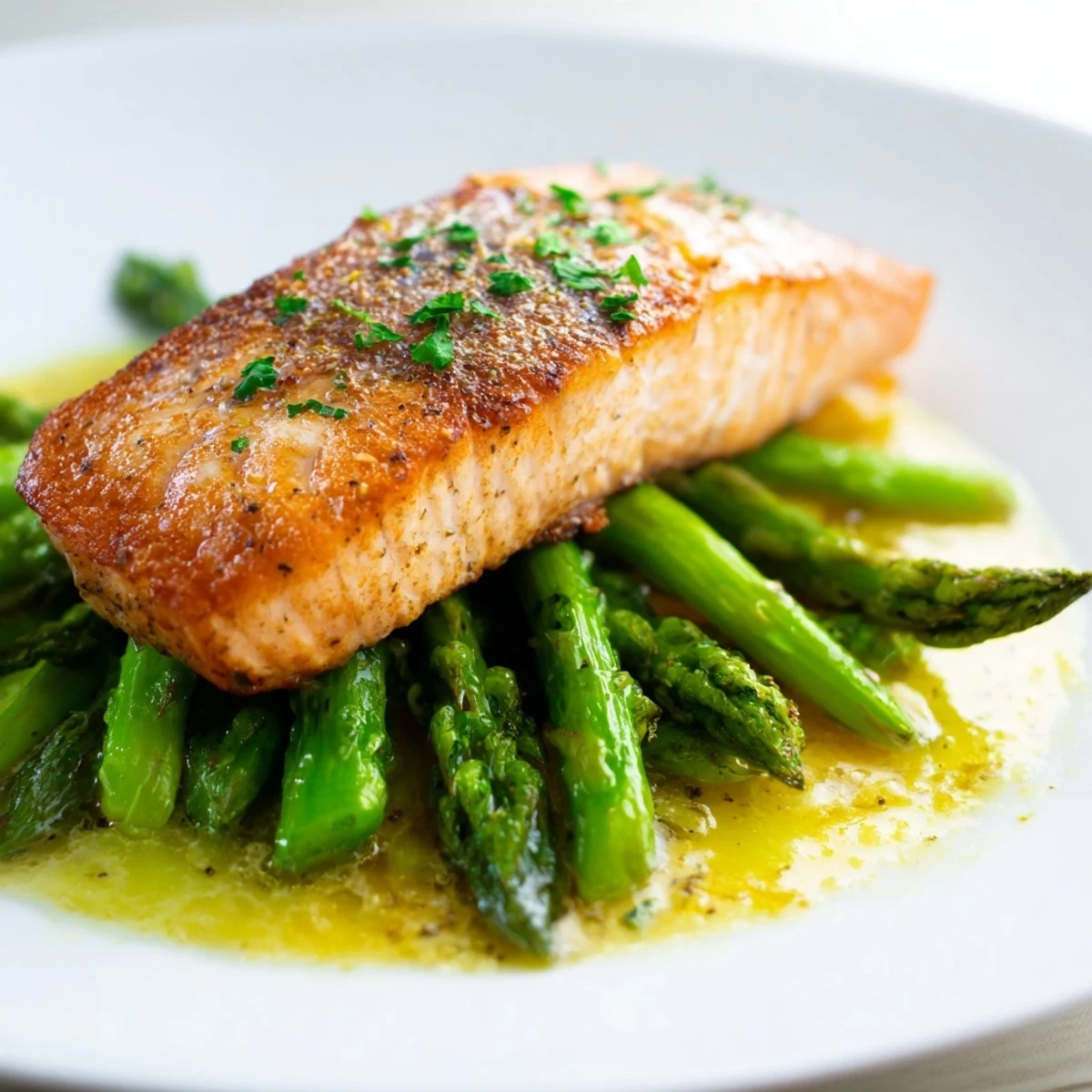 Pan Seared Salmon with Asparagus plated with crisp-tender green stalks and a drizzle of lemon butter sauce.