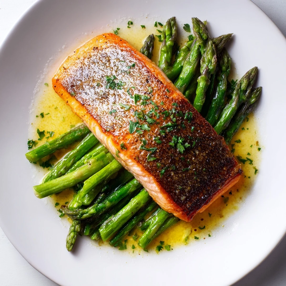 Golden-brown Pan Seared Salmon with Asparagus garnished with fresh parsley, served alongside roasted potatoes for dinner.