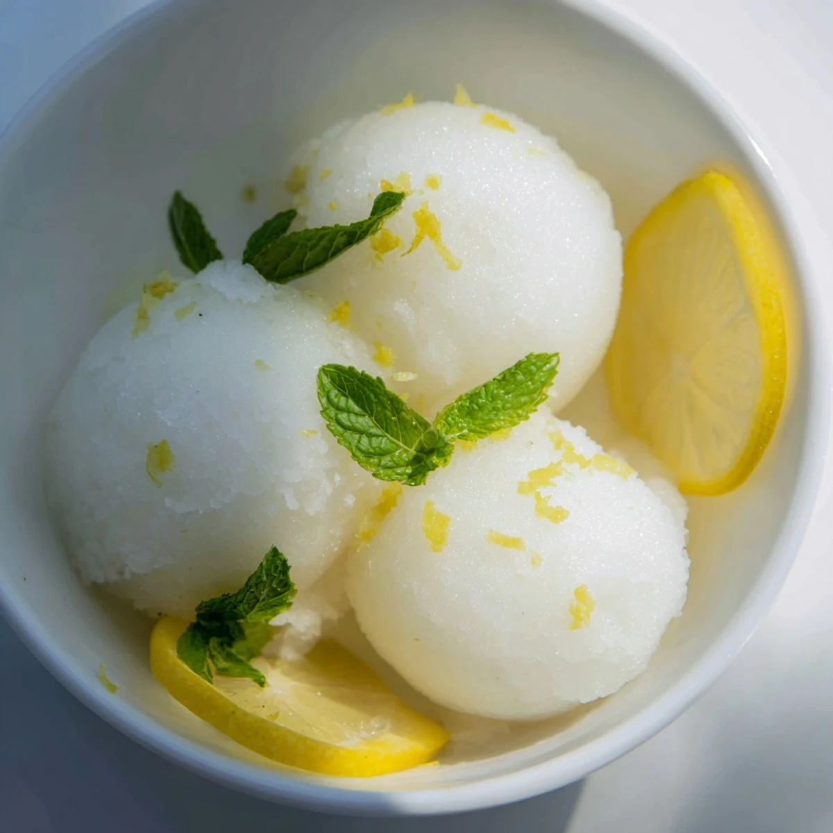 A clear glass bowl filled with homemade Lemonade Sorbet with Mint, featuring a bright yellow hue and mint leaf flecks.