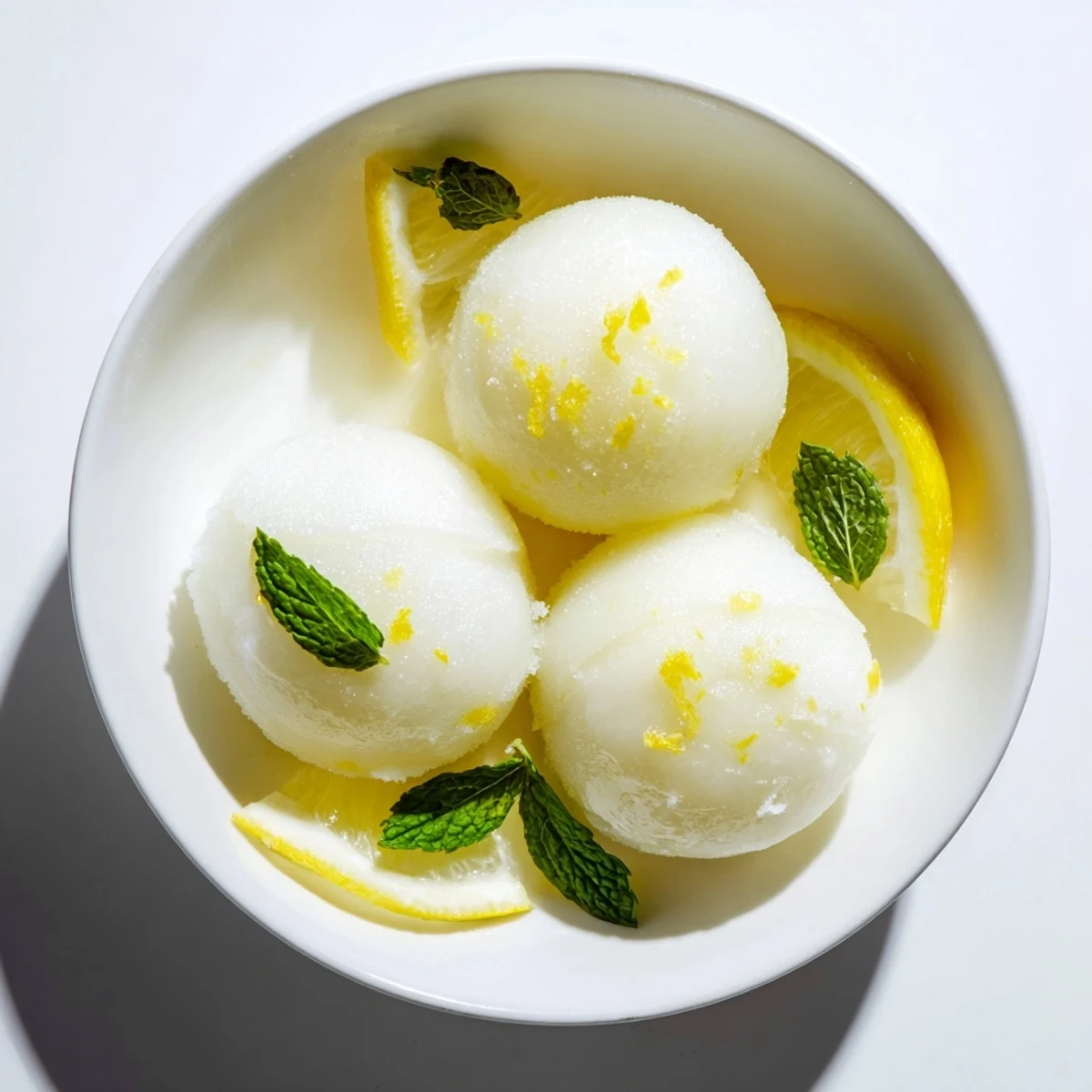 Lemonade Sorbet with Mint served in scoops over a chilled dish, highlighting its smooth, icy texture and vibrant color.