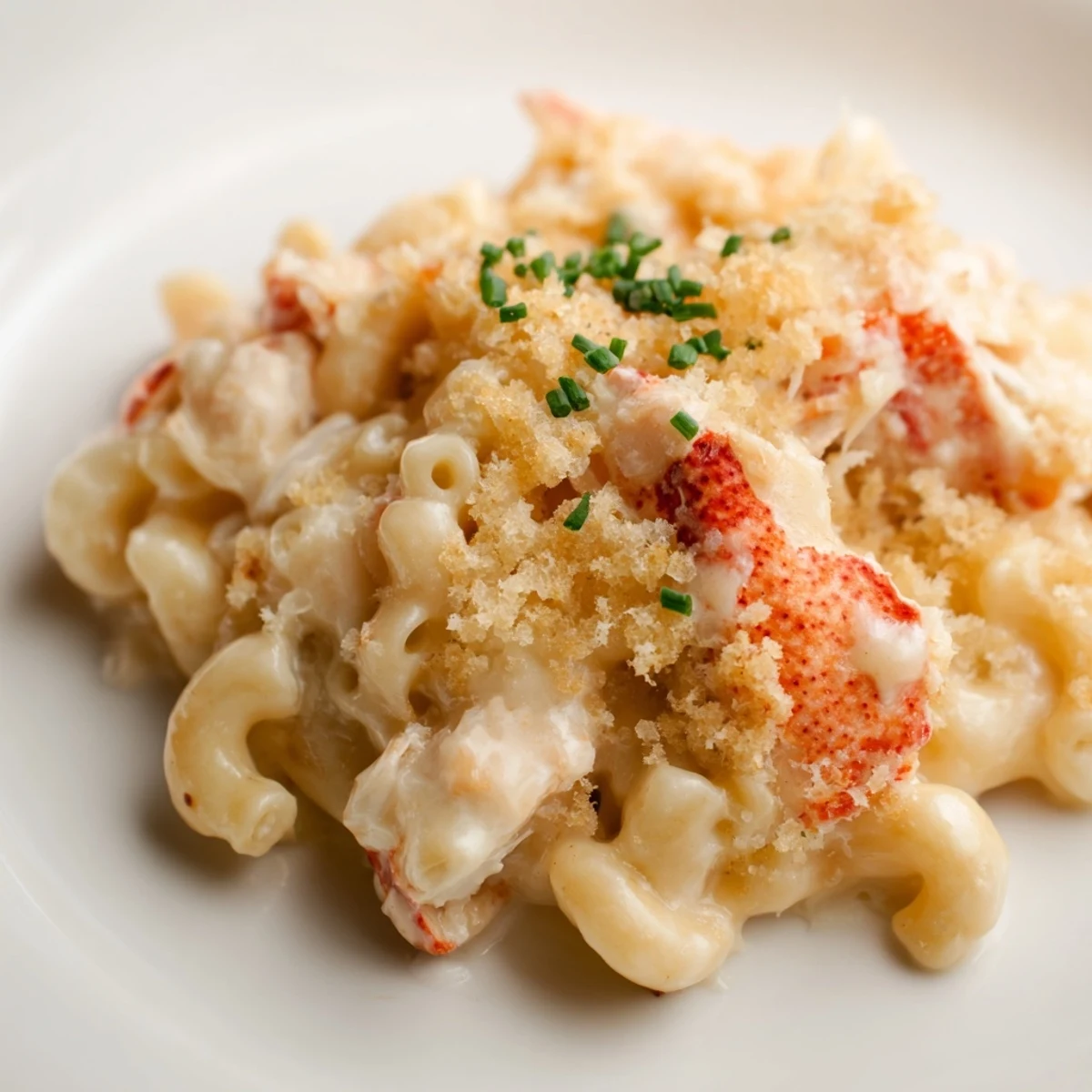 Golden-brown baked Lobster Mac and Cheese bubbling in a ceramic dish, topped with toasted panko and fresh chives.