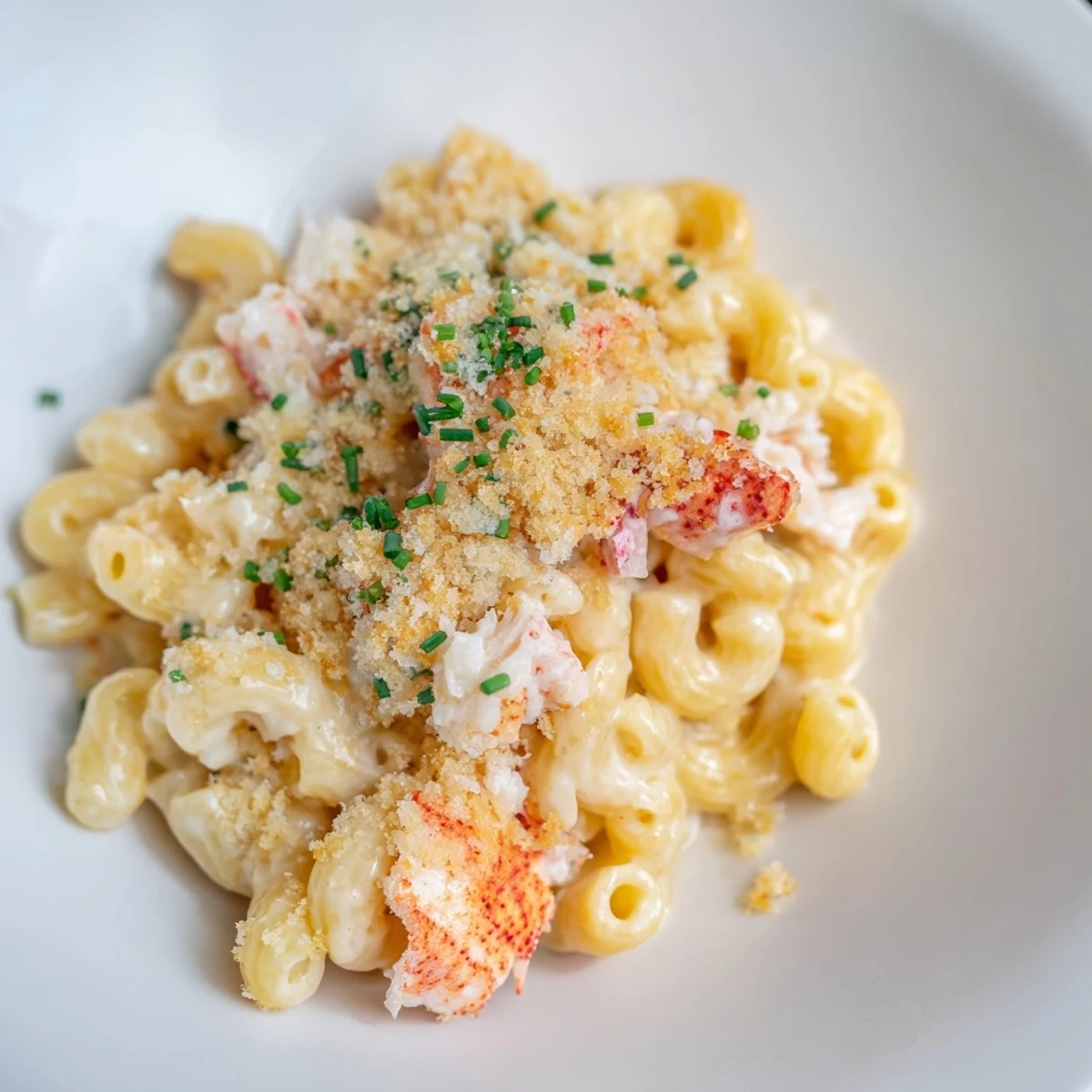 Freshly drizzled Lobster Mac and Cheese with white truffle oil, served alongside a crisp green salad.