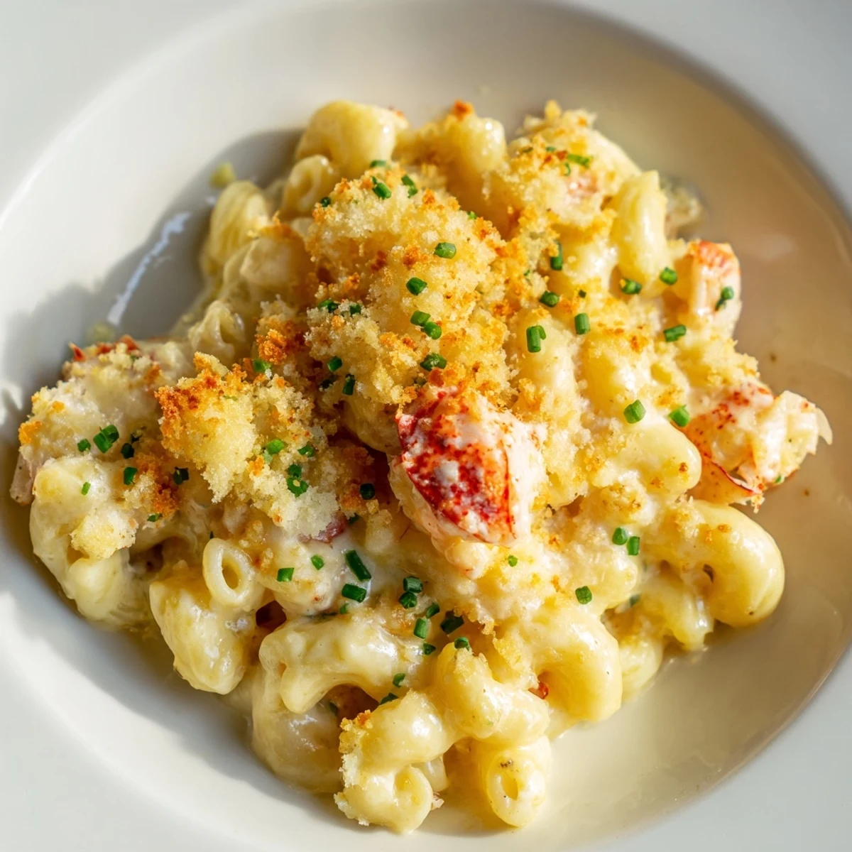 A rich bowl of Lobster Mac and Cheese featuring chunks of tender lobster and creamy Gruyère sauce.