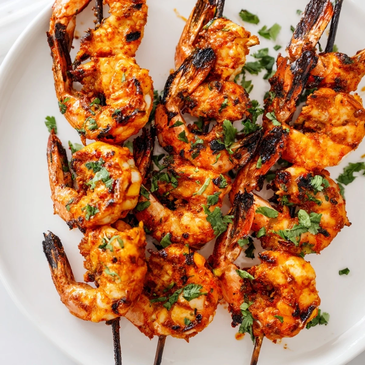 Freshly grilled Spiced Grilled Shrimp Skewers with visible char marks and lemon wedges on a rustic platter.