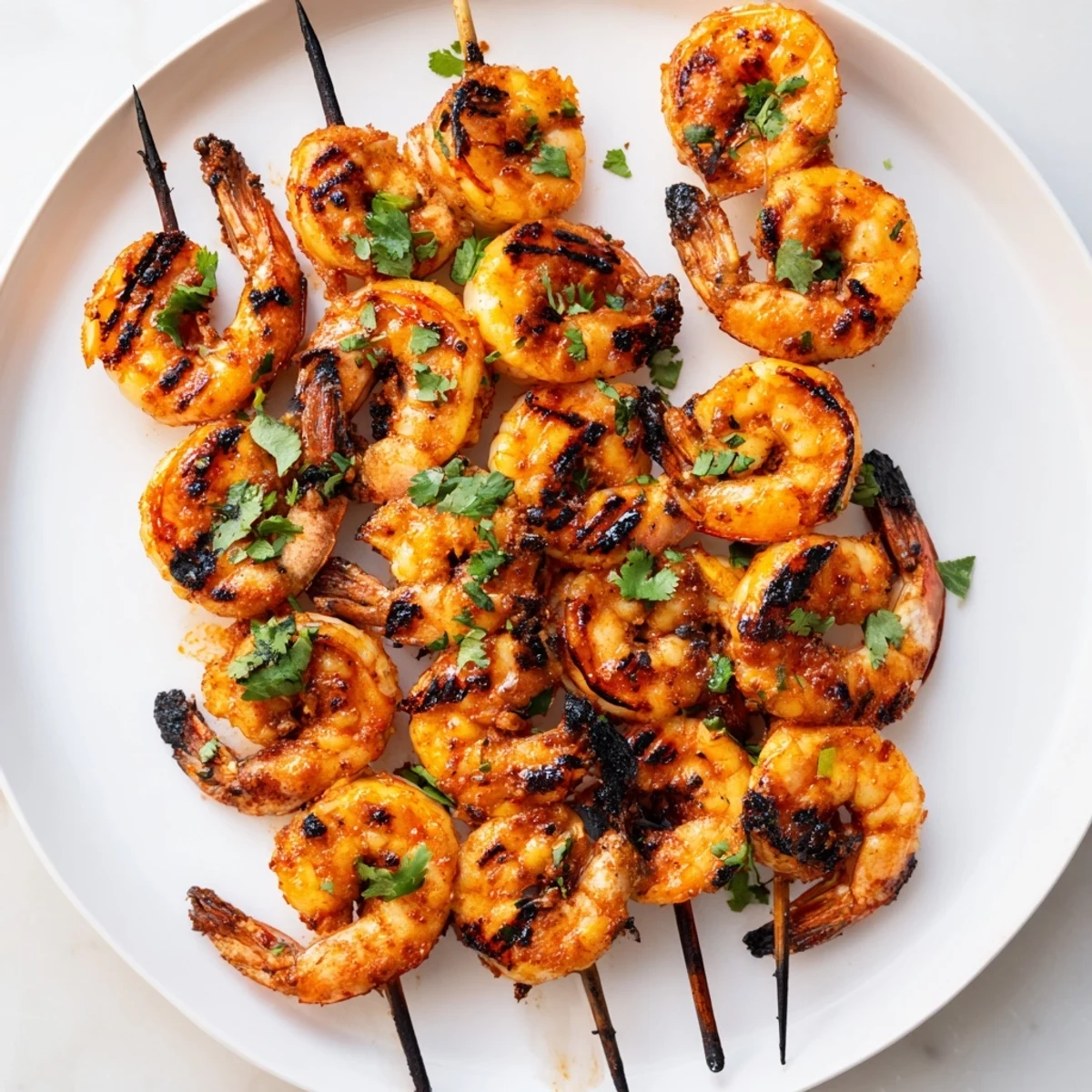 Sizzling Spiced Grilled Shrimp Skewers on a grill pan, garnished with fresh cilantro for a flavorful main dish.