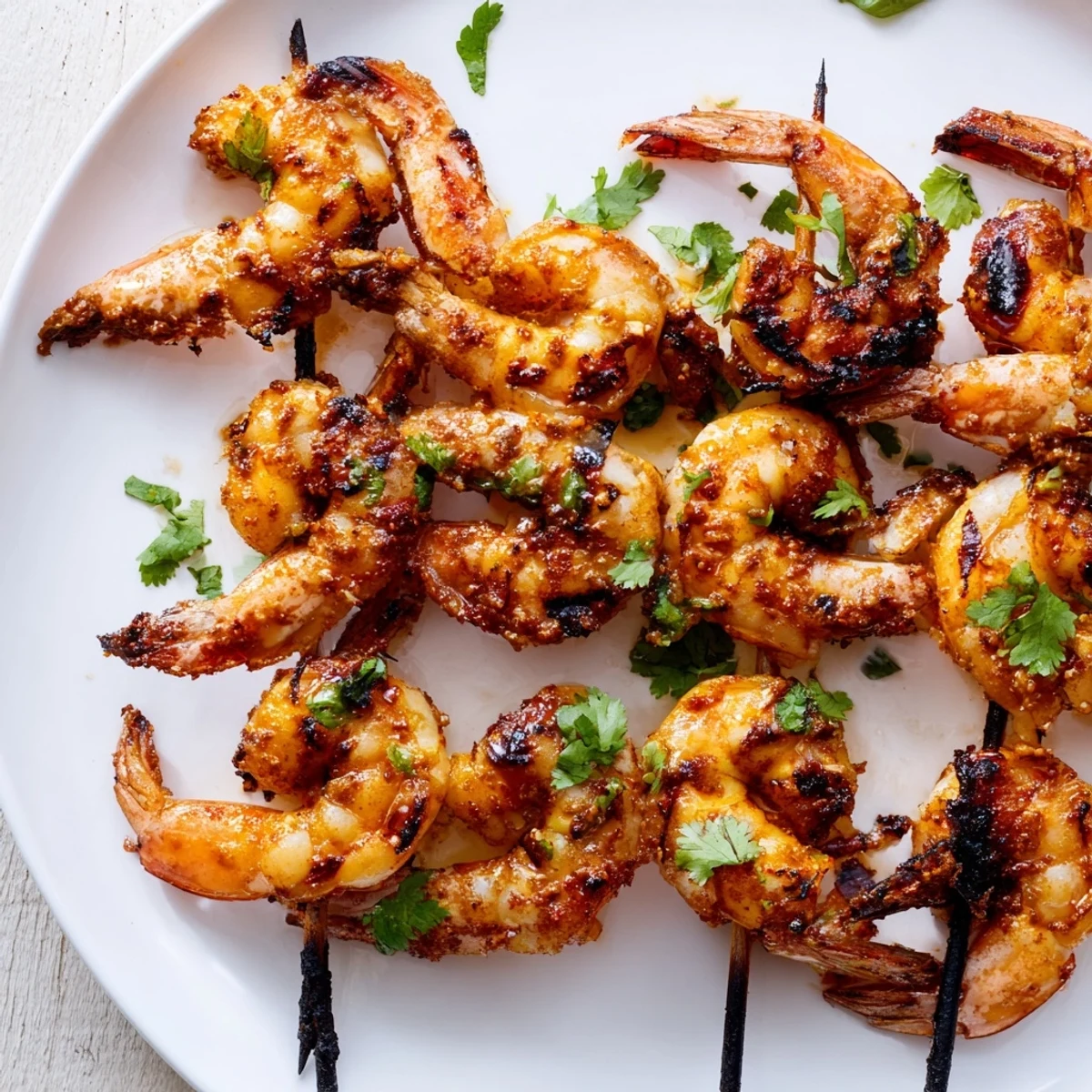 Served Spiced Grilled Shrimp Skewers on a bed of rice with lemon wedges for a perfect summer dinner.