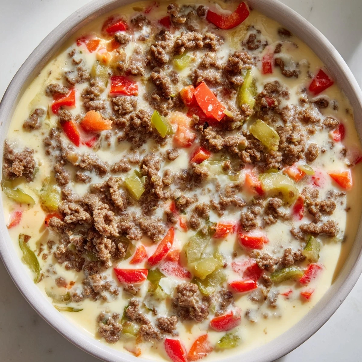 Creamy, cheesy Queso Dip with Ground Beef and Peppers served warm in a bowl, garnished with cilantro and green onions, with tortilla chips for dipping.