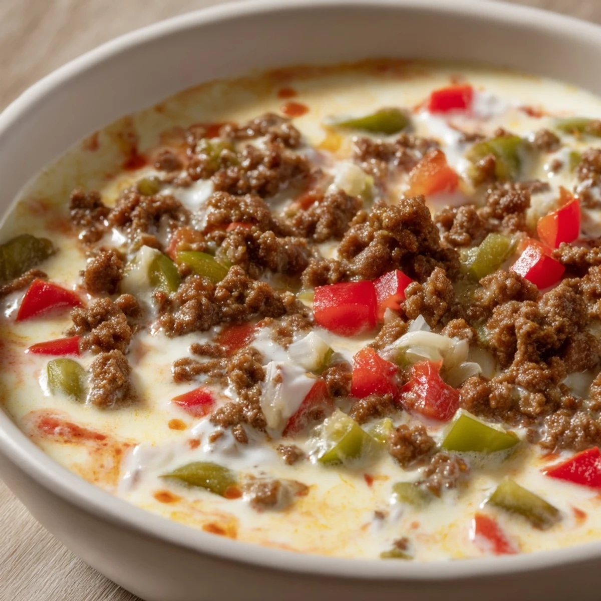A skillet of bubbling Queso Dip with Ground Beef and Peppers, featuring sautéed onions, red and green bell peppers, and melty processed cheese.