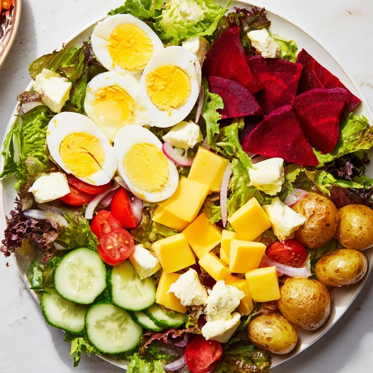 A vibrant bowl of Irish Pub Salad with Hard Boiled Eggs showcases crisp greens, creamy egg quarters, and tangy cheddar cubes.  