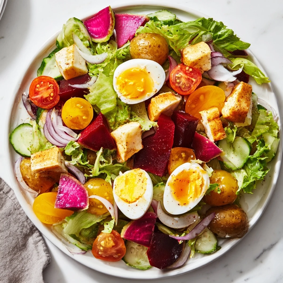 This hearty Irish Pub Salad with Hard Boiled Eggs is topped with cherry tomatoes, cucumber slices, and a drizzle of mustard vinaigrette.  
