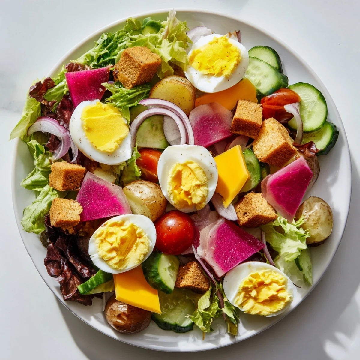 Close-up of Irish Pub Salad with Hard Boiled Eggs, featuring pickled beets, baby potatoes, and chunks of sharp cheddar cheese.