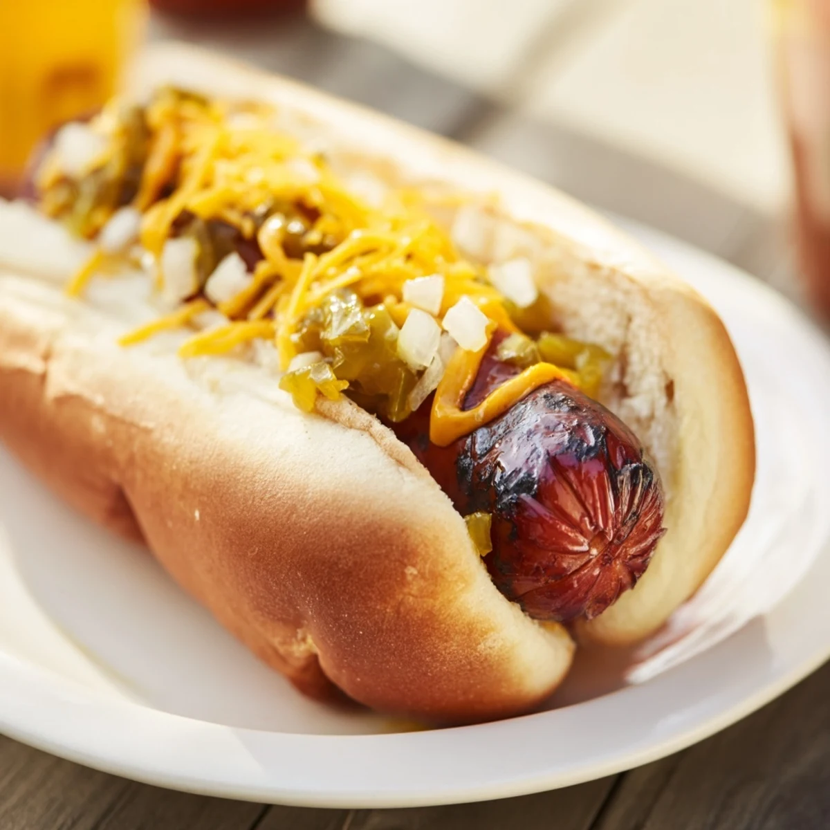 Sizzling beef franks on the grill for a Hot Dog Bar, topped with onions and mustard for a classic flavor.