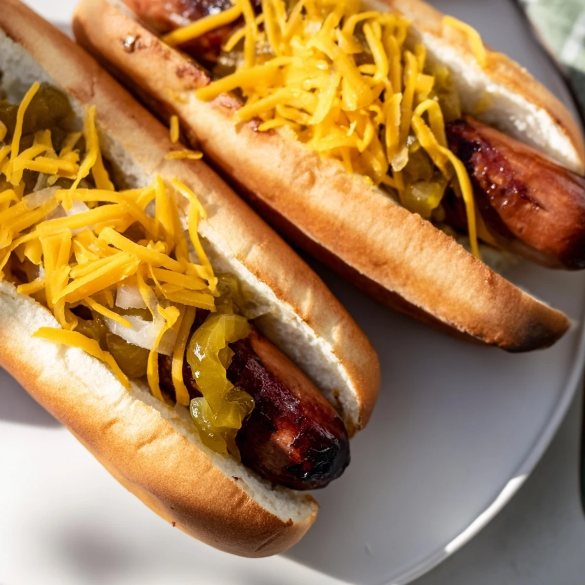Close-up of a beef frank in a toasted bun at a Hot Dog Bar, served with fries and pickles.