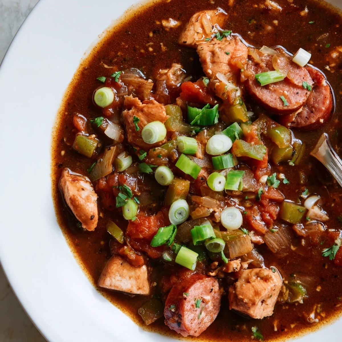A hearty bowl of Gumbo with Turkey Sausage and Chicken, served over fluffy white rice with fresh parsley garnish.