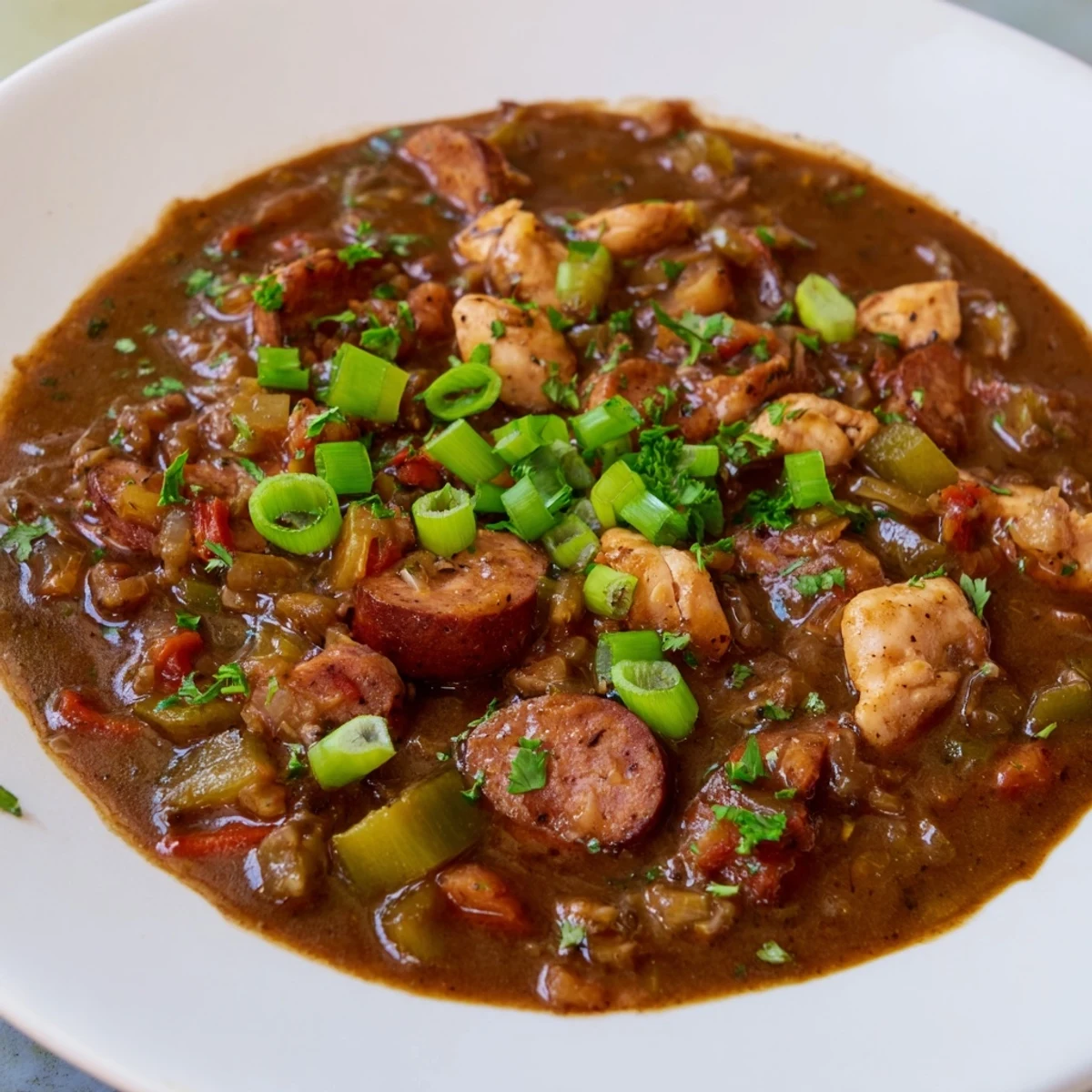 Close-up view of rich Gumbo with Turkey Sausage and Chicken featuring smoky sausage rounds and tender chicken pieces.