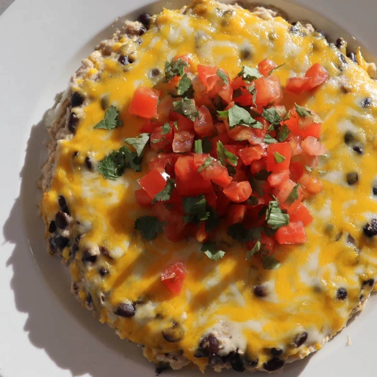 A creamy, zesty Bean Dip with melted cheddar cheese, garnished with fresh cilantro and diced tomatoes.  