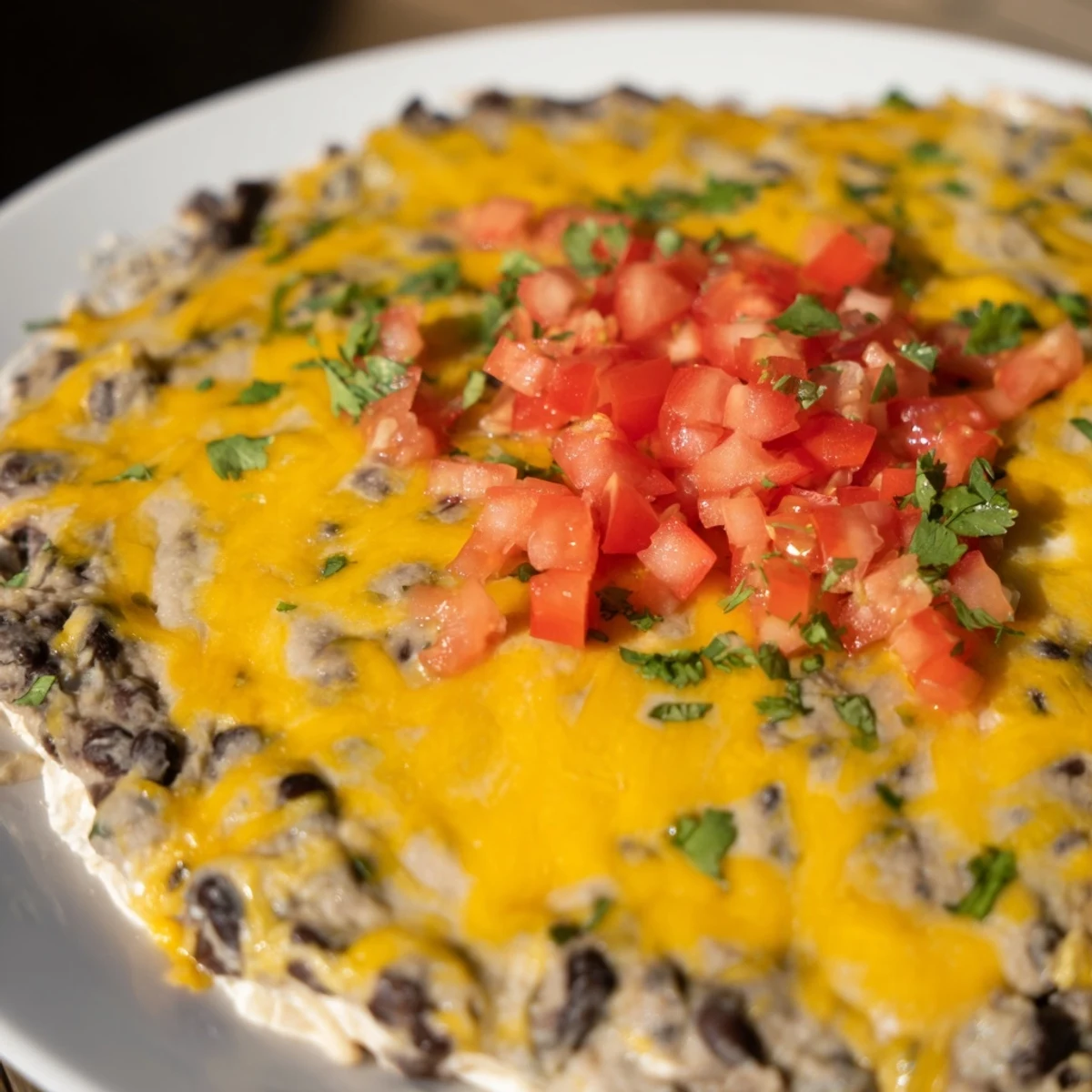 Cheesy Bean Dip baked in a dish, steaming slightly, perfect for parties or game day snacking.