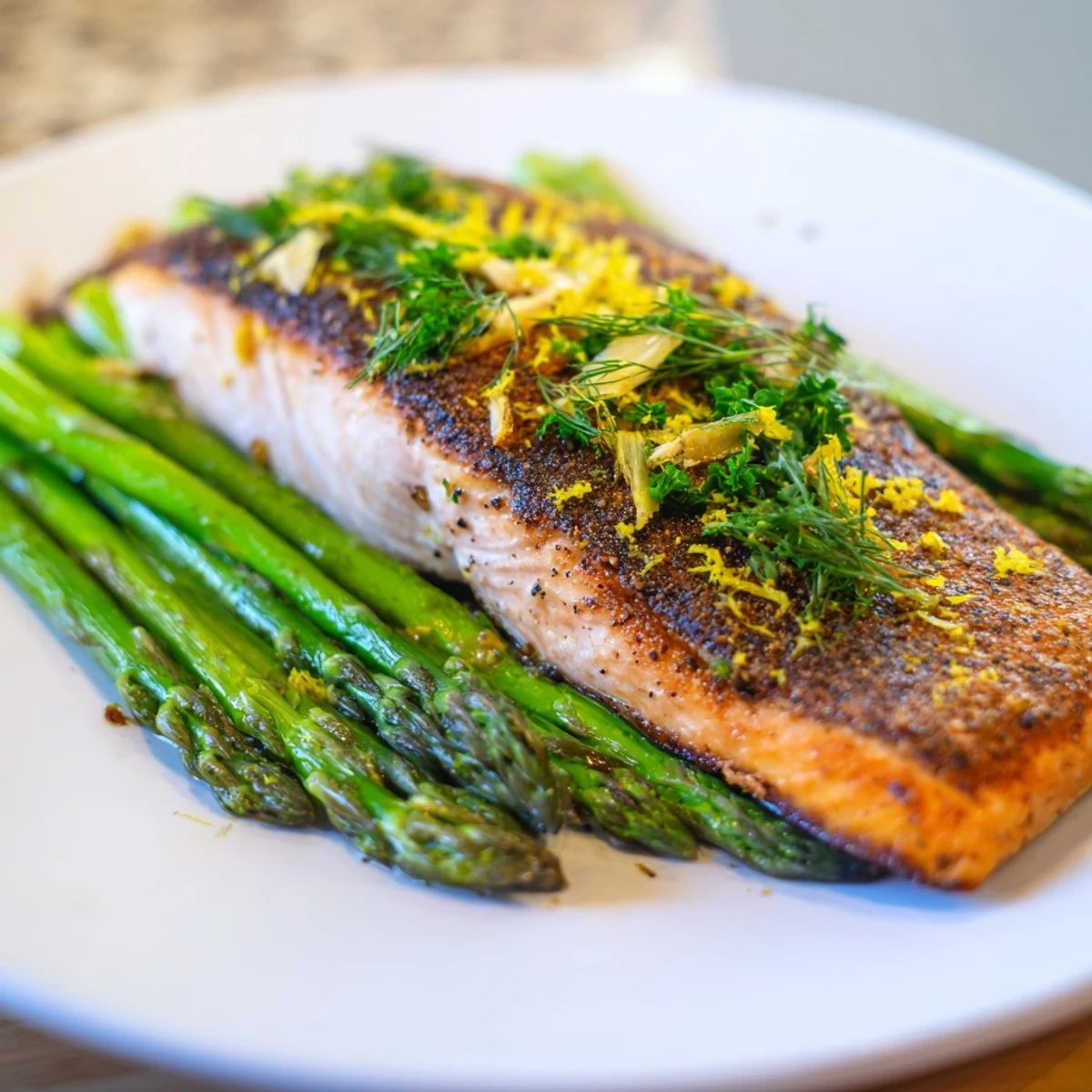 Perfectly seared Pan Seared Salmon with Asparagus Spears on a white plate, garnished with lemon wedges and fresh parsley.