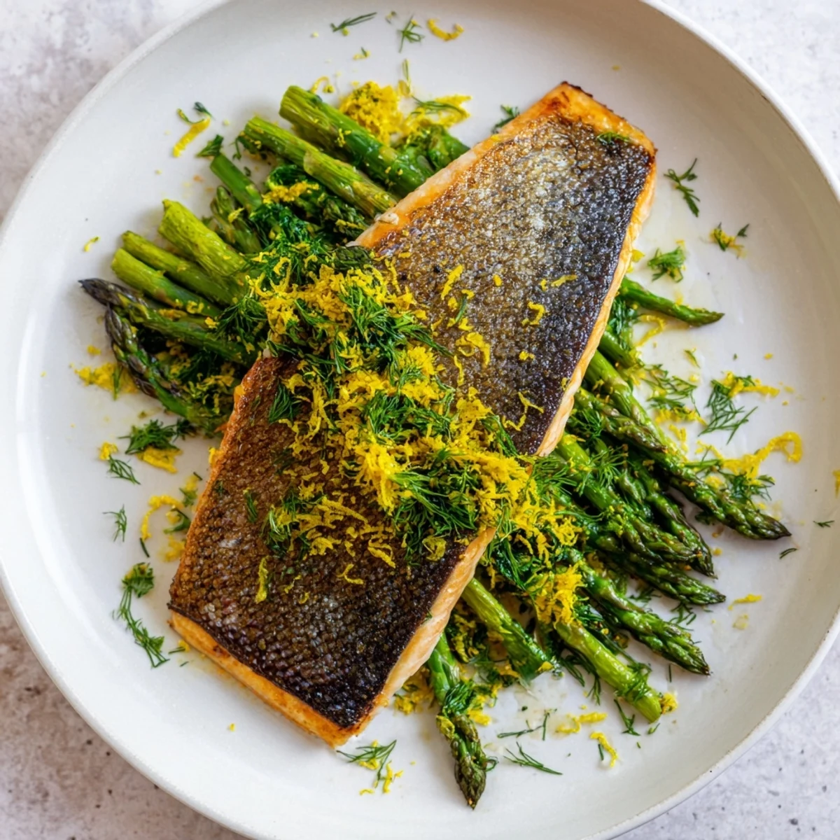 Healthy Pan Seared Salmon with Asparagus Spears served over asparagus, topped with lemon zest and chopped fresh dill.