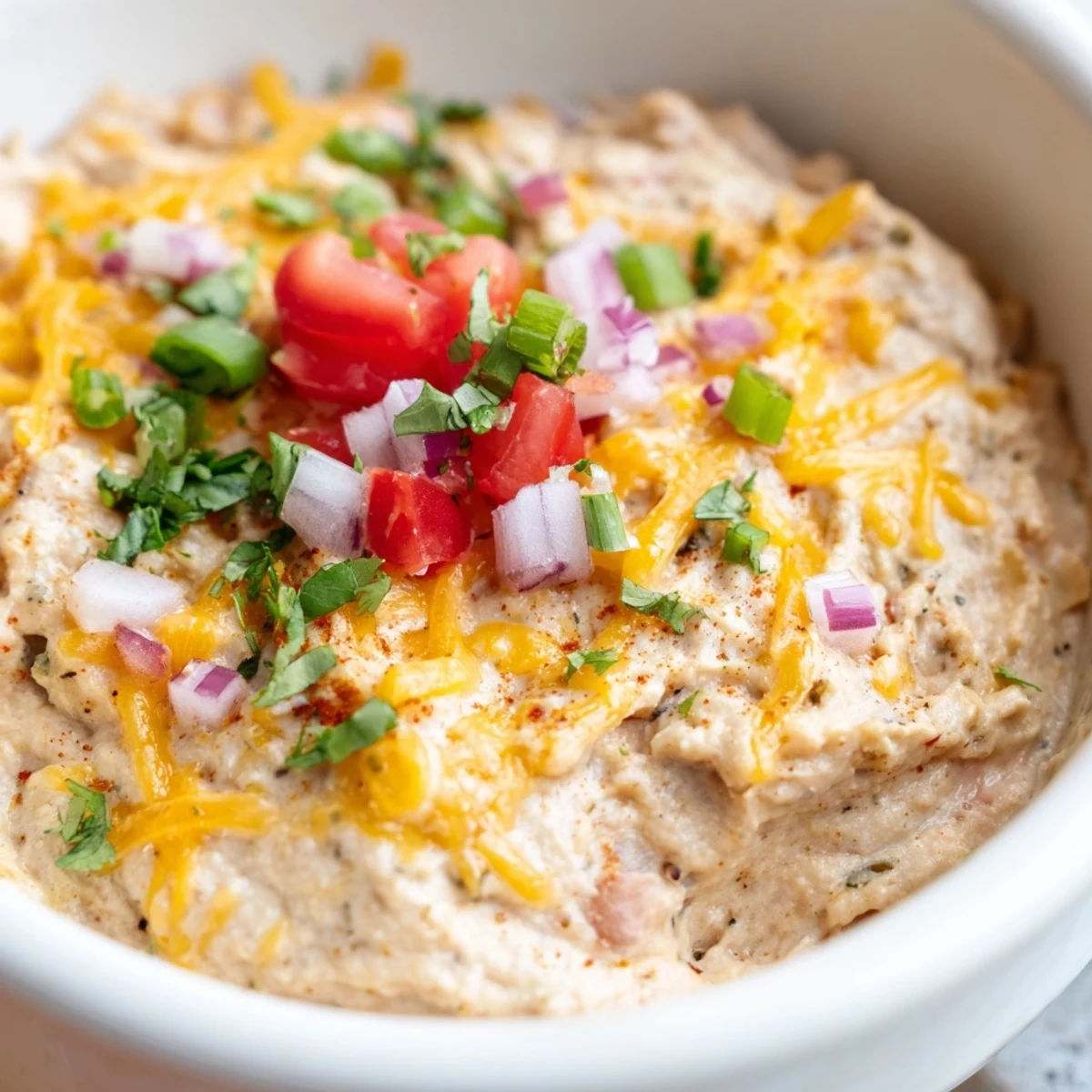 Creamy Bean Dip topped with fresh cilantro and diced tomatoes, ready to serve at a party.