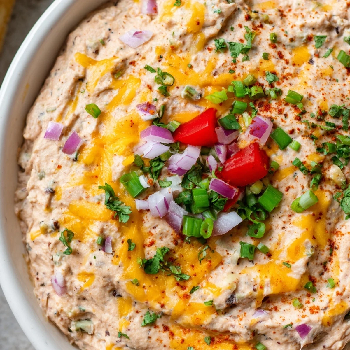 Hot Bean Dip with golden, bubbly cheese, garnished with green onions and perfect for dipping.
