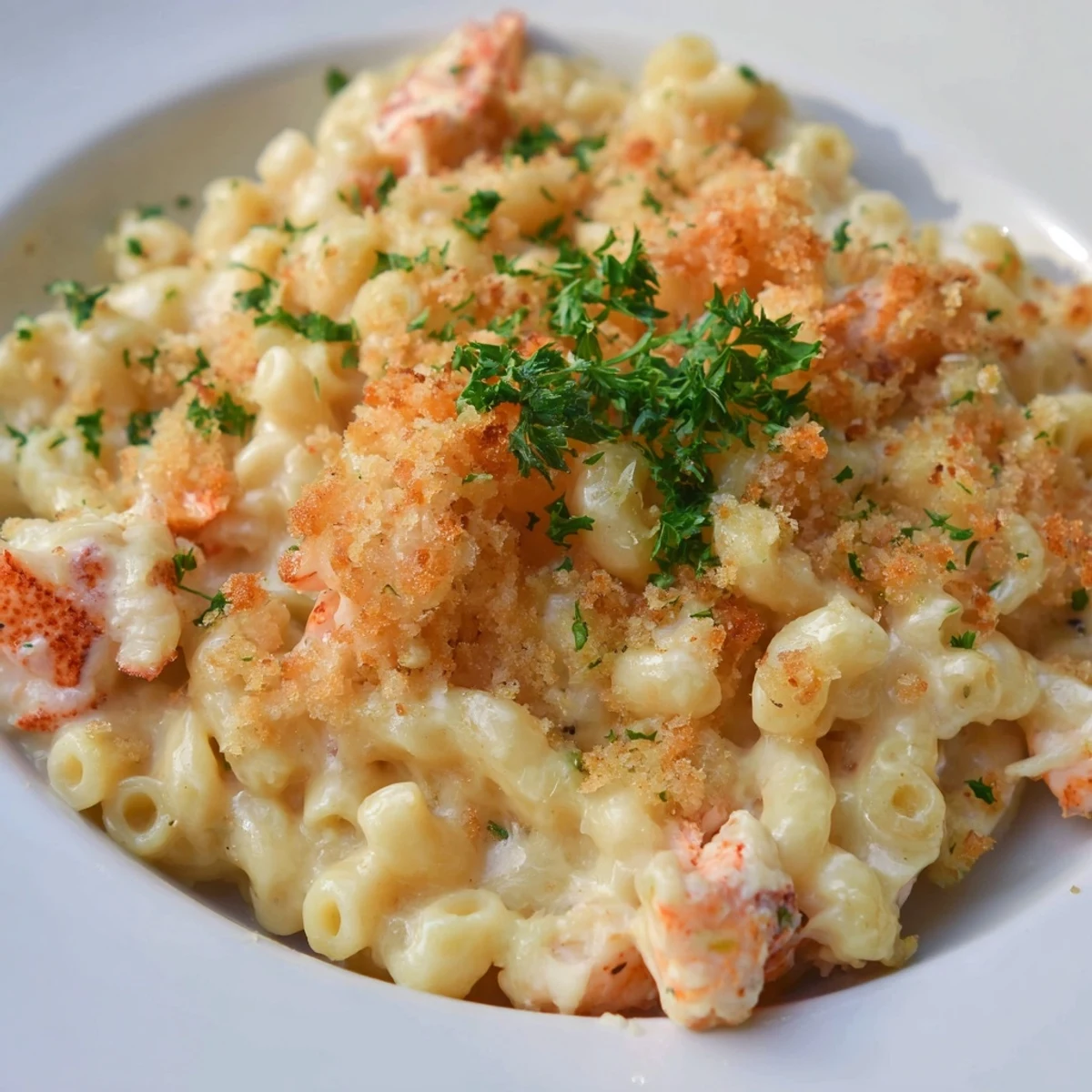 A close-up of golden panko crust and fresh parsley topping on a rich serving of Lobster Mac and Cheese.