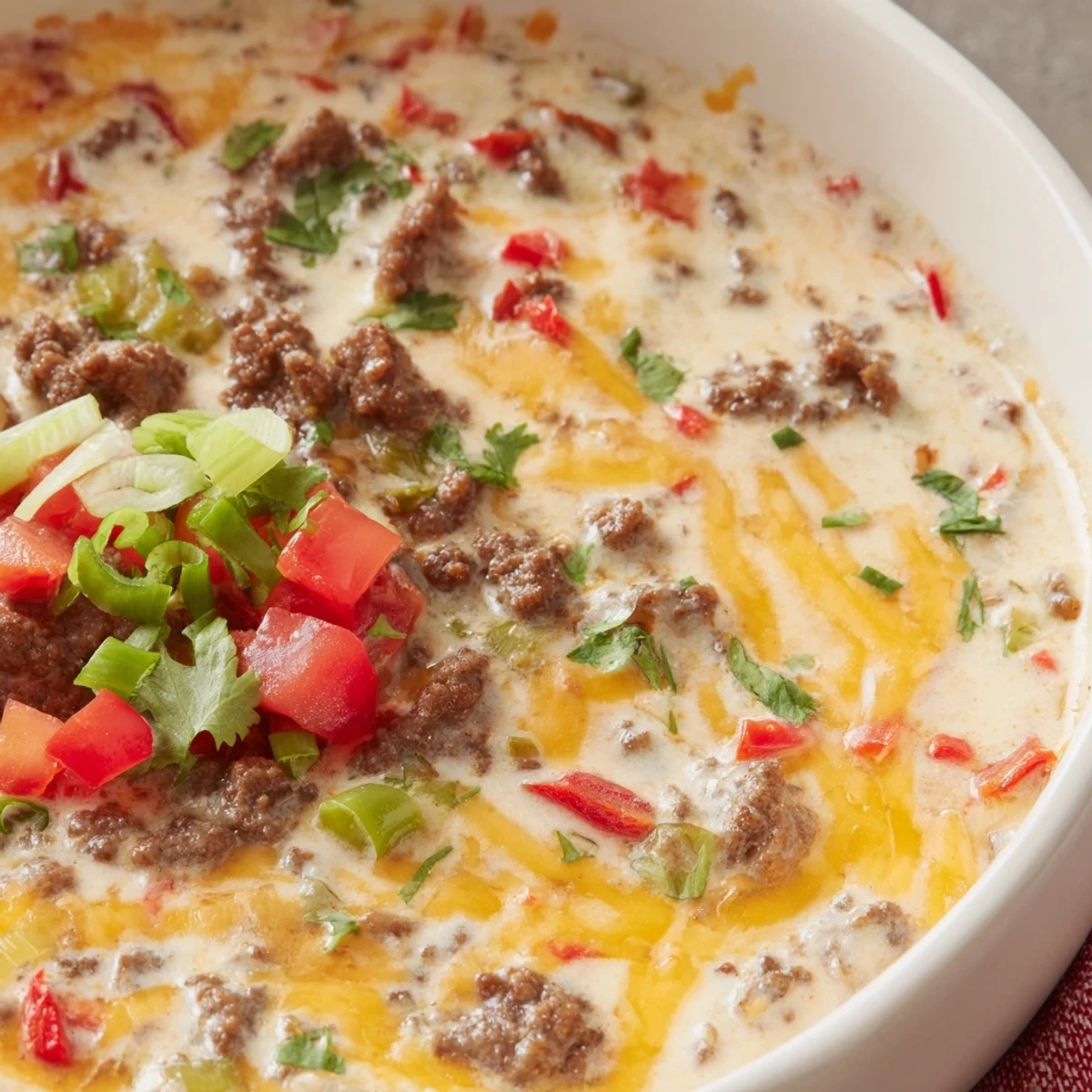Creamy Queso Dip with Ground Beef and Peppers topped with cilantro, ready for tortilla chips.