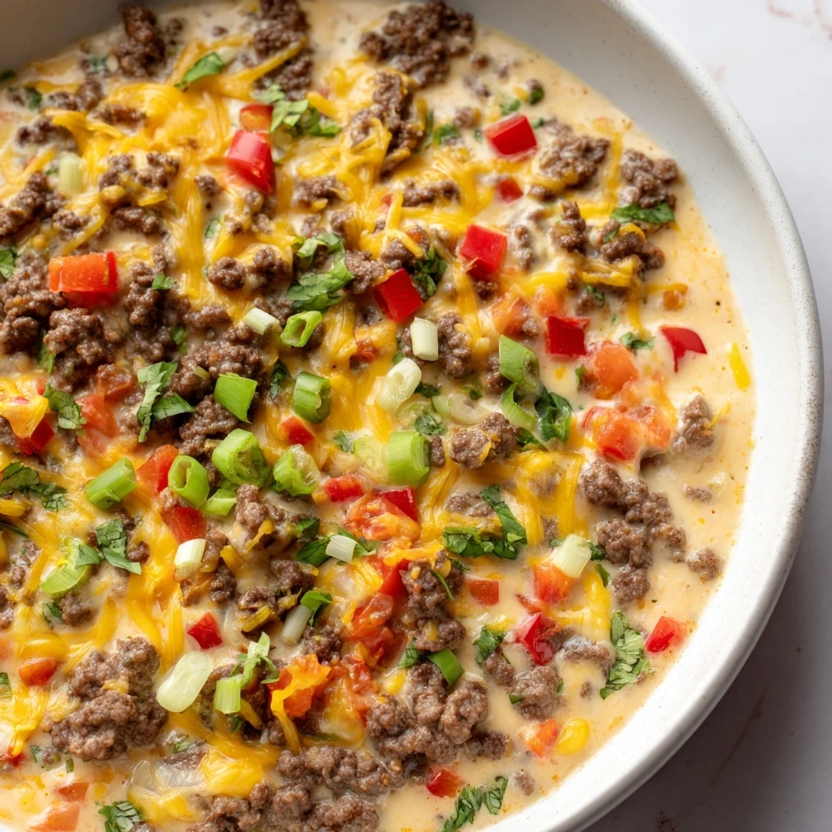 Spicy Queso Dip with Ground Beef and Peppers in a skillet, served warm with veggies.