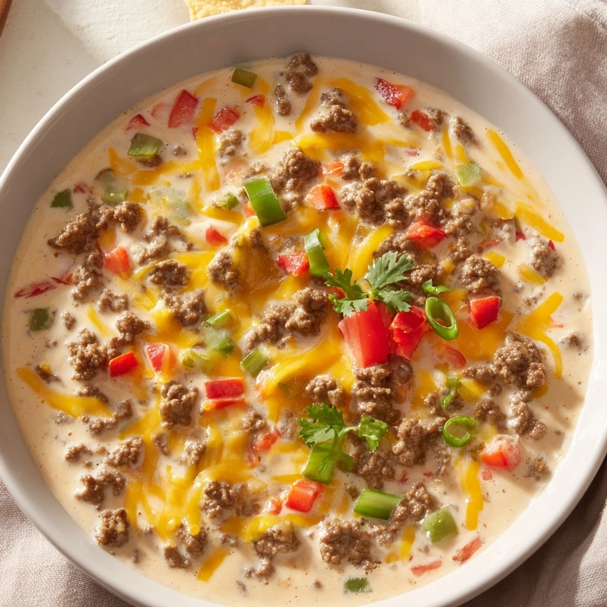 Game day Queso Dip with Ground Beef and Peppers garnished with tomatoes and green onions.