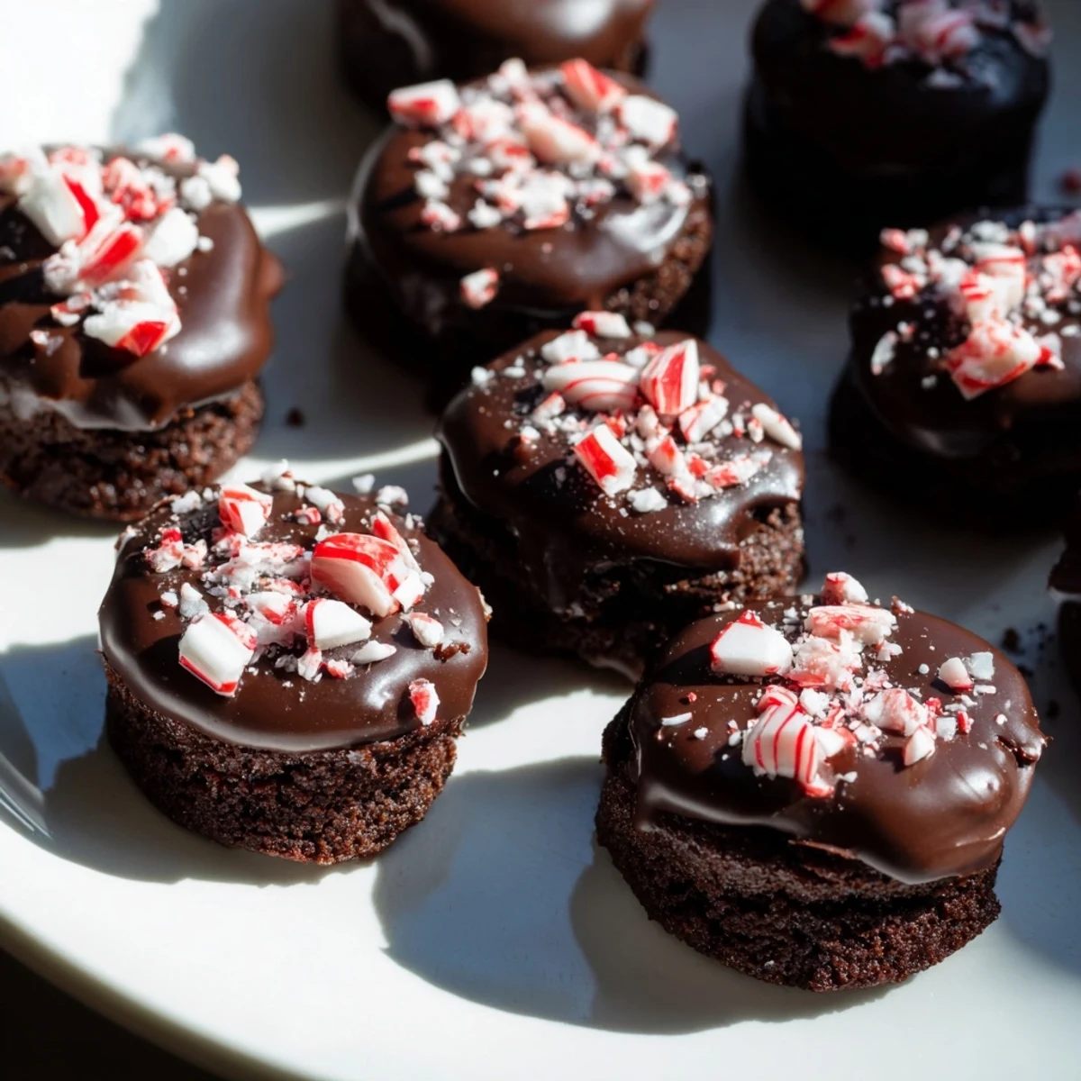 Close-up of Mint Brownie Bites with Ganache showing fudgy texture and rich dark chocolate topping.