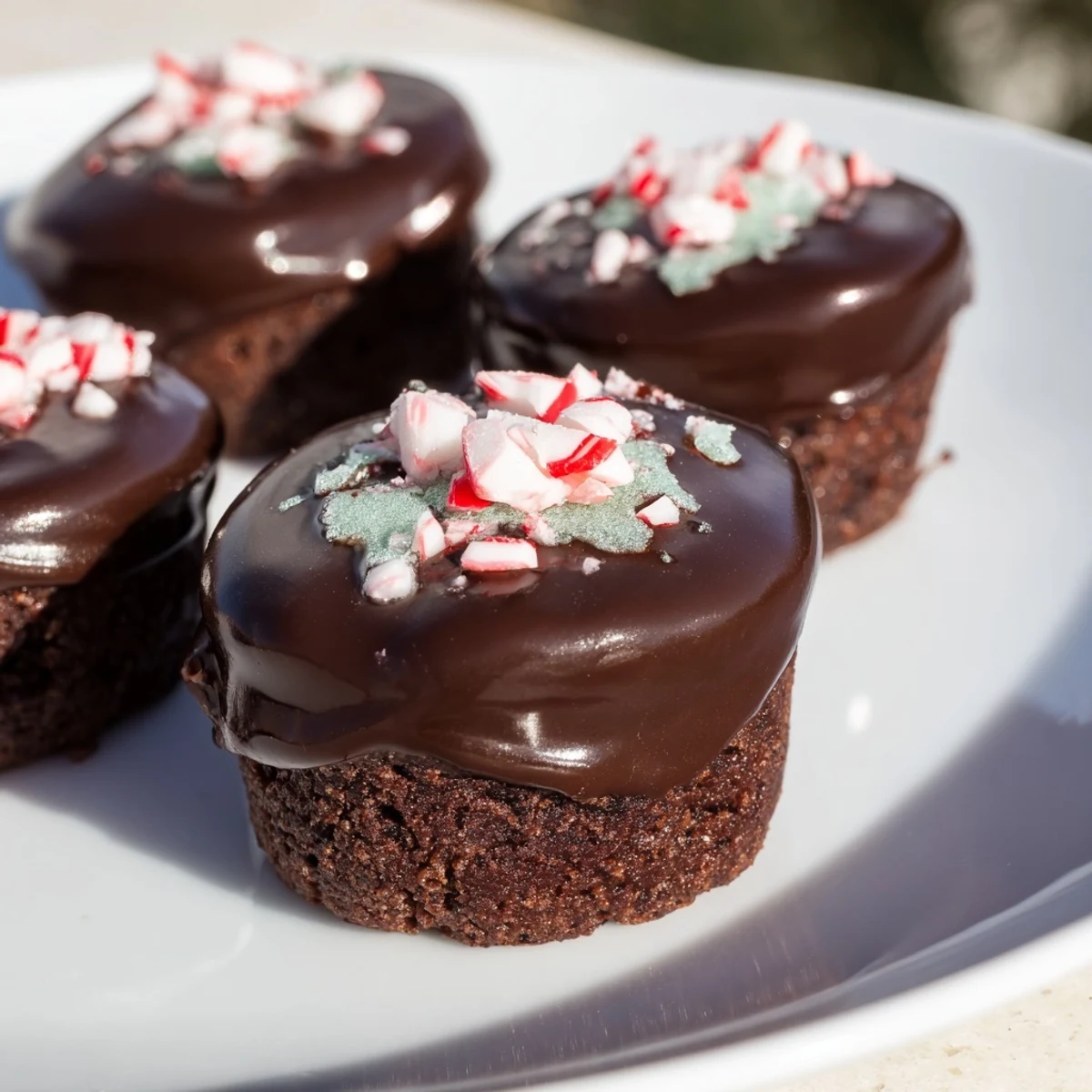 Golden-edged Mint Brownie Bites with Ganache topped with crushed peppermint candy on a rustic plate.