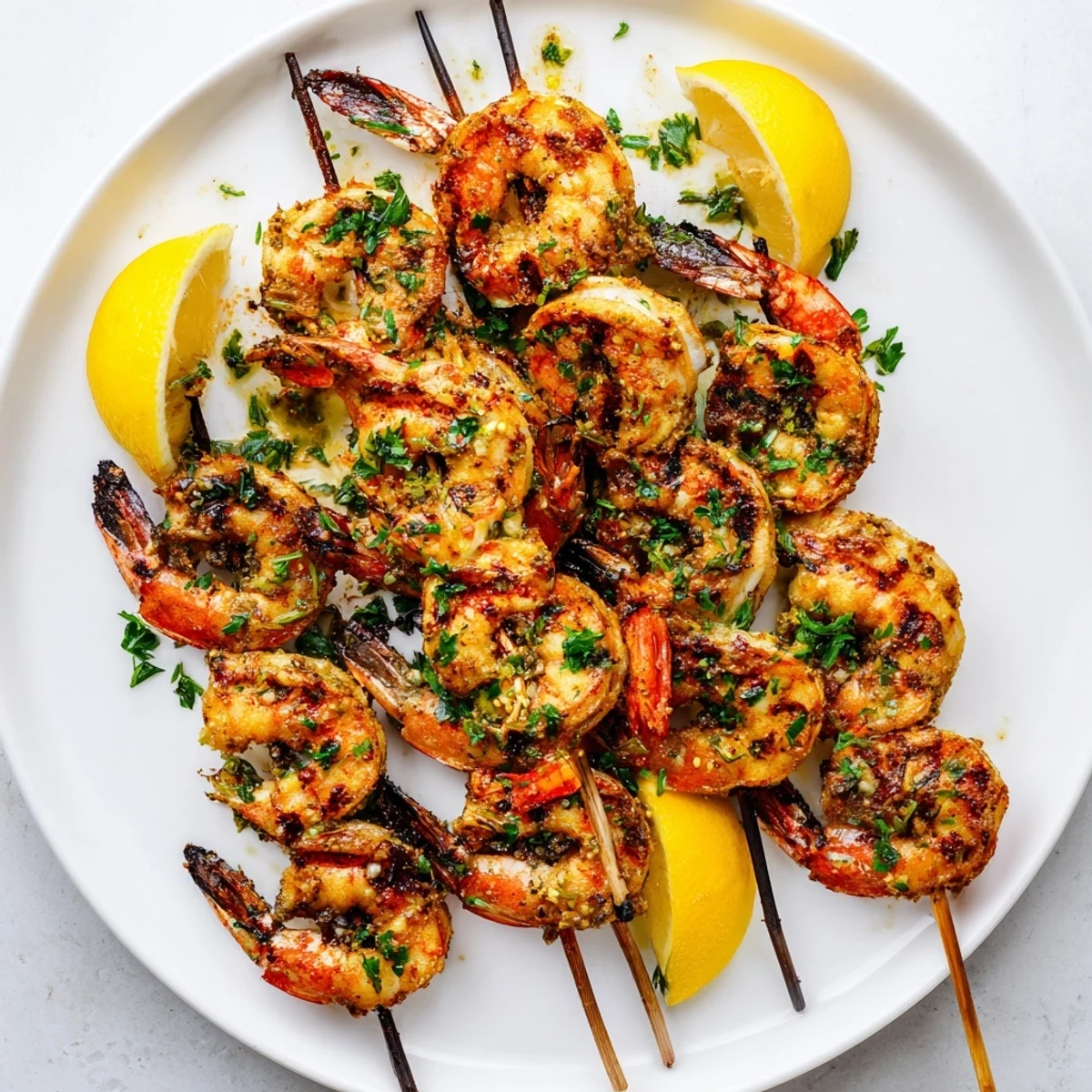 Close-up of cooked Spiced Grilled Shrimp Skewers with Lemon on a white plate, garnished with fresh parsley and lemon wedges.