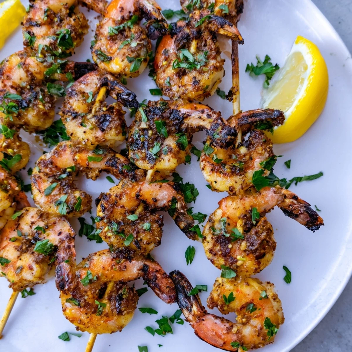 Golden Spiced Grilled Shrimp Skewers with Lemon sizzling on an outdoor grill, releasing aromatic steam over smoky grill marks.