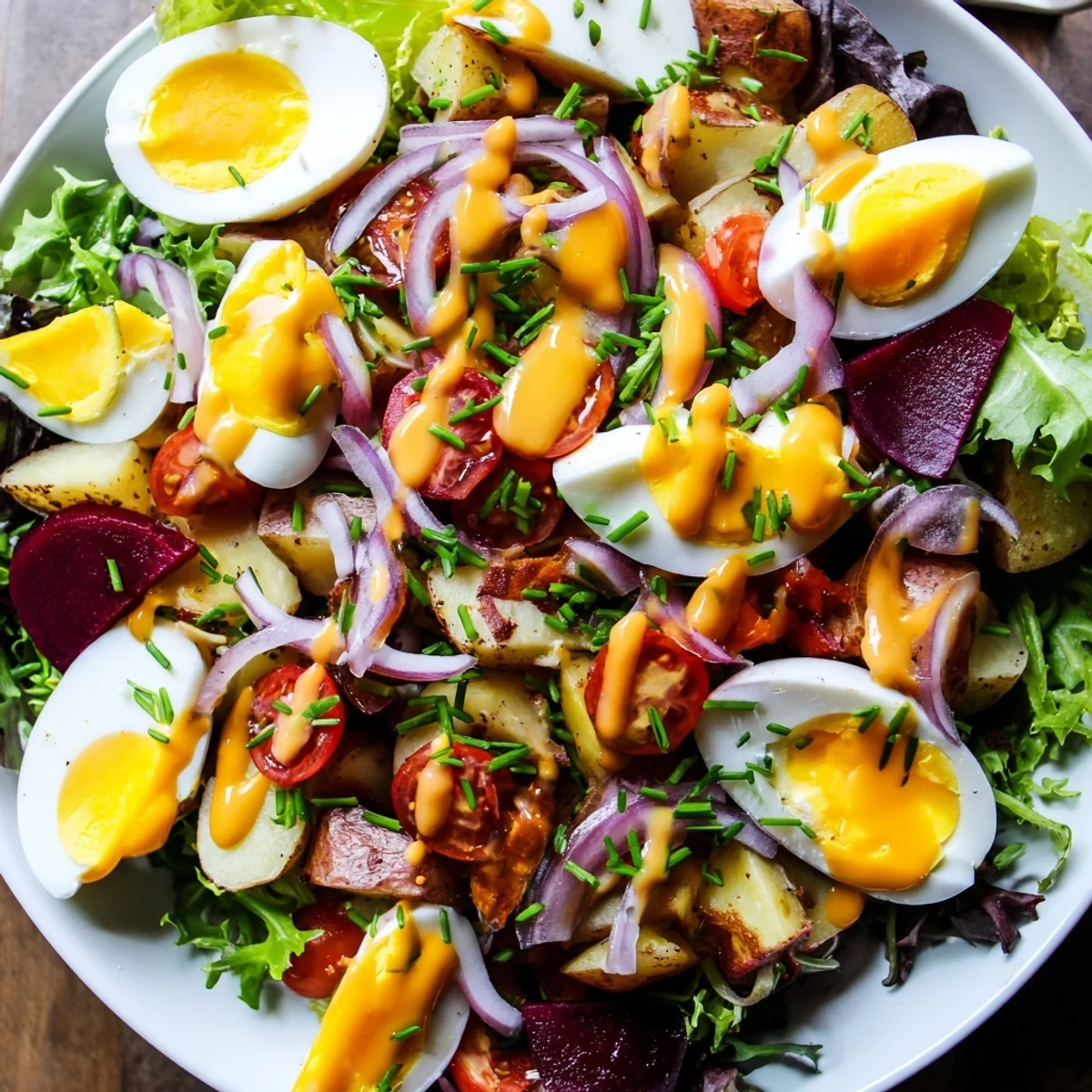 Platter of Irish Pub Salad with Hard Boiled Eggs, featuring crisp greens, creamy cheddar, and tangy vinaigrette.