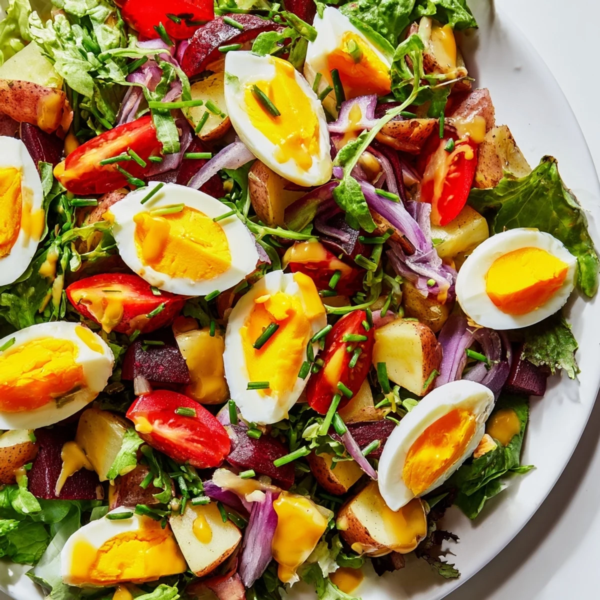 Close-up of Irish Pub Salad with Hard Boiled Eggs, highlighting juicy tomatoes and sliced cucumbers.