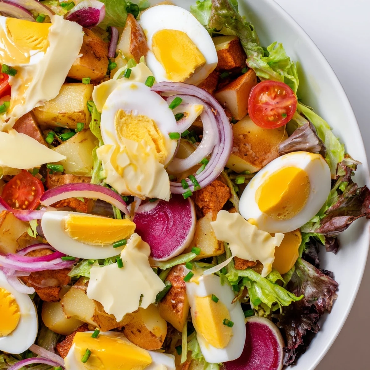 Irish Pub Salad with Hard Boiled Eggs garnished with fresh chives, served on a rustic table.