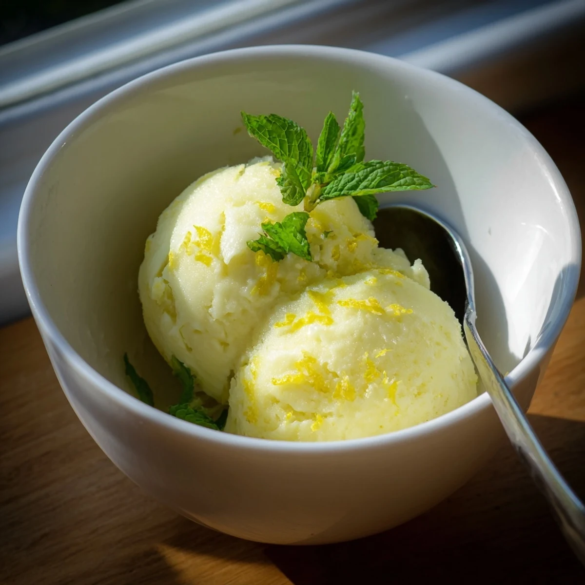 Scoops of Lemonade Sorbet with Mint Garnish served in chilled glasses, showing a frosty, icy surface and zesty lemon aroma.