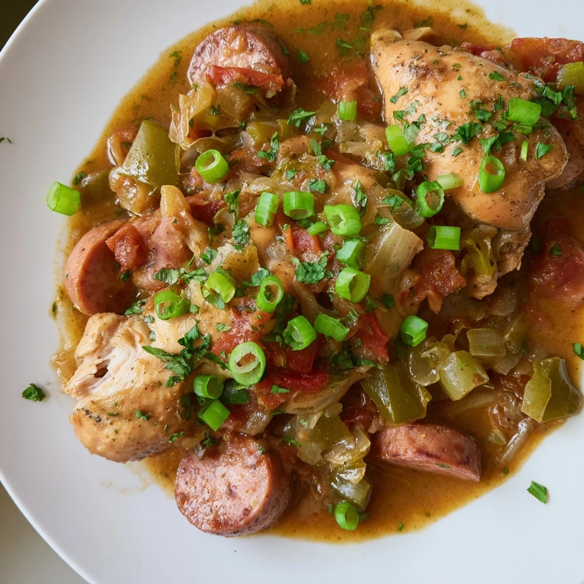 A close-up view of Gumbo with Turkey Sausage and Chicken, featuring tender chunks of meat and vibrant okra in a rich, spiced roux.