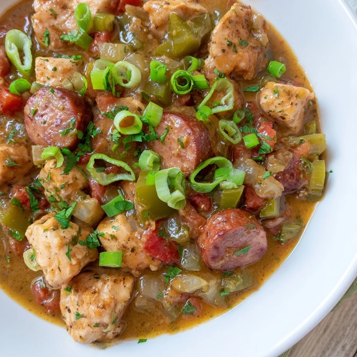 Gumbo with Turkey Sausage and Chicken served in a rustic bowl over fluffy white rice, garnished with fresh green onions and parsley.