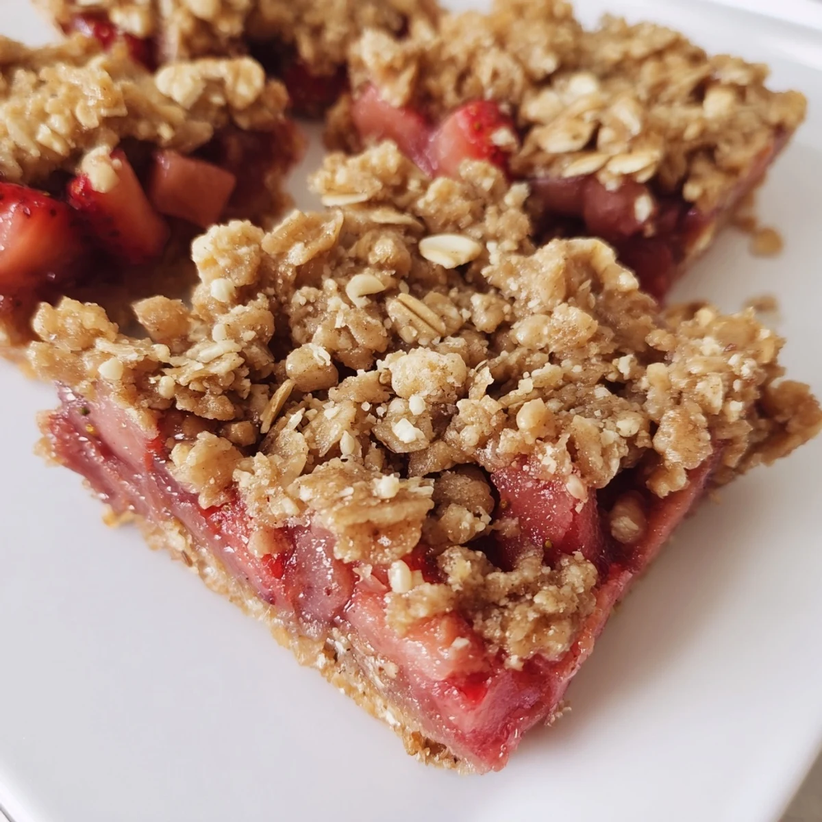 Golden-brown Strawberry Rhubarb Crumble Bars with a bubbling, ruby-red fruit filling and a buttery oat crust, ready to serve.  