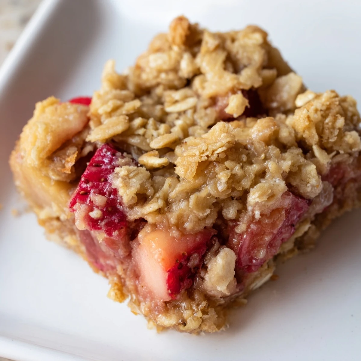 A platter of sliced Strawberry Rhubarb Crumble Bars, showcasing the crumbly oat topping and vibrant fruit filling for a summer gathering.