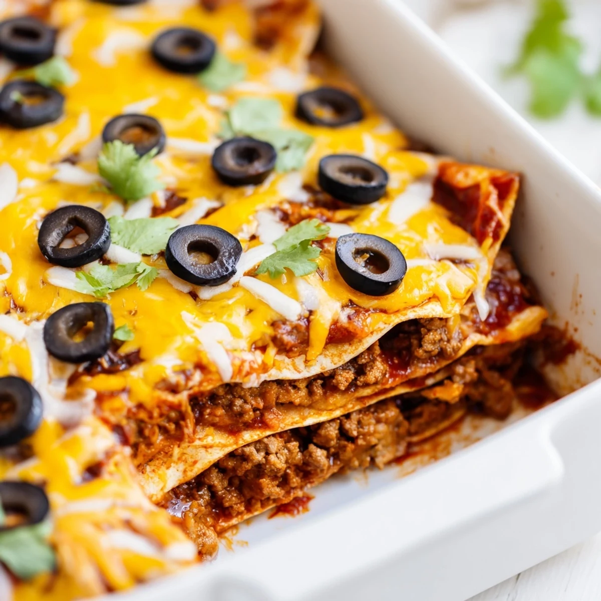 A close-up view shows melted Monterey Jack and cheddar on the Tex-Mex casserole, garnished with black olives and fresh cilantro.  