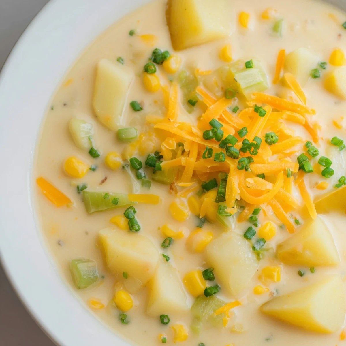 A steaming bowl of creamy corn chowder with potatoes, garnished with fresh chives and shredded cheese, perfect for a cozy weeknight meal.  